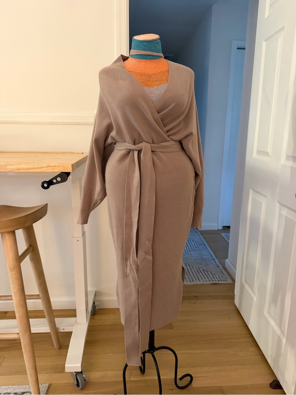 Taupe Wrap Midi Dress with Waist Tie